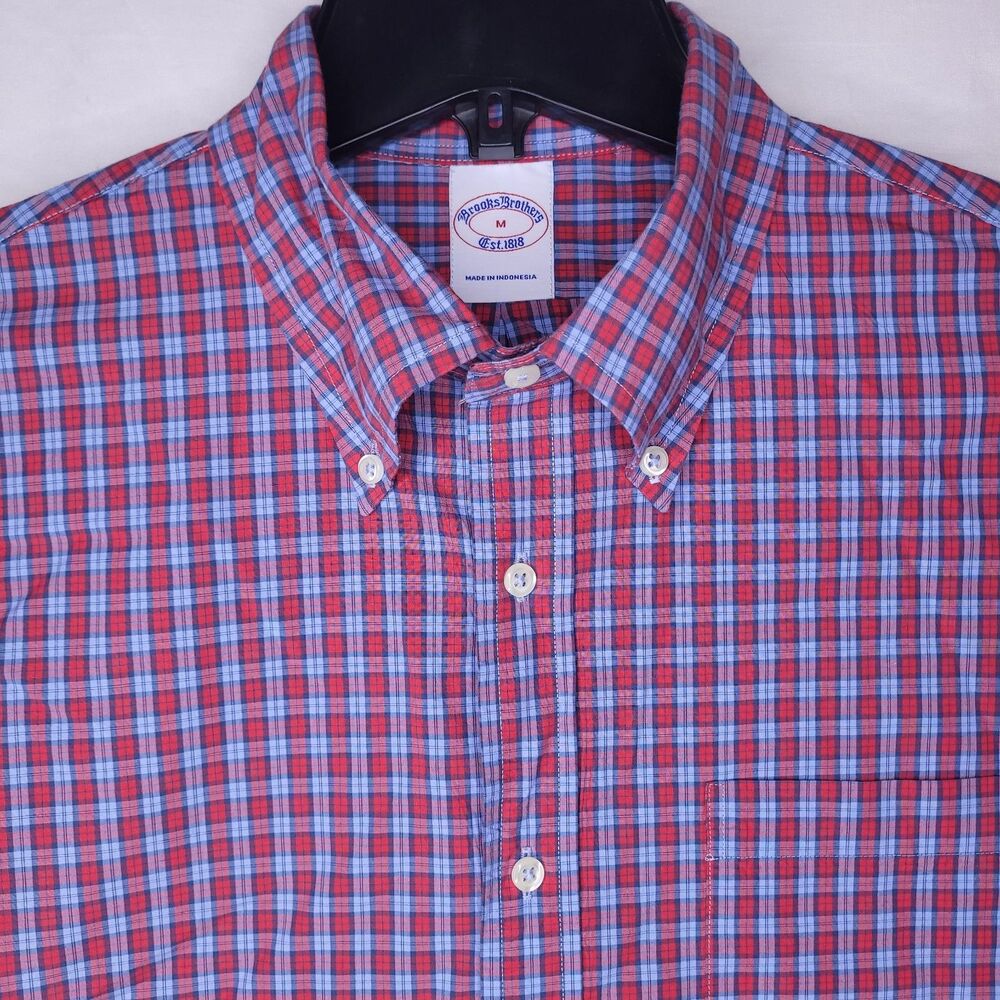 Brooks Brothers Shirt Mens Medium Check Red, Blue Short Sleeve